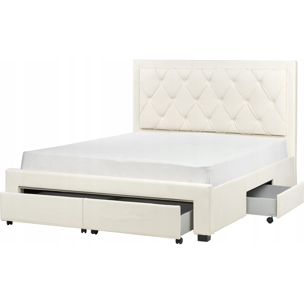 Cama Con Almacenaje De Terciopelo Blanco Crema 160 X 200 Cm Cajones Cabecero Alto Capitoné Glamuroso Lievin - Beige