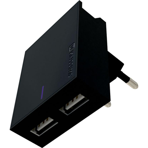 Комплект мрежово зарядно устройство Swissten Smart IC 2xUSB 3A + Кабел за данни Type C 1.2 м, Черен