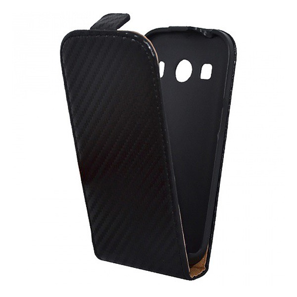 Tok álló, bőr hatású (FLIP, lefelé nyíló, karbon minta) FEKETE [Samsung Galaxy Ace 4 LTE (SM-G357FZ)] (5996457501885)