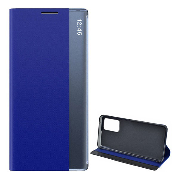 Tok álló, textil hatású (aktív FLIP, oldalra nyíló, asztali tartó funkció, Smart View Cover) SÖTÉTKÉK [Samsung Galaxy A52s 5G (SM-A528)] (5996591043487)