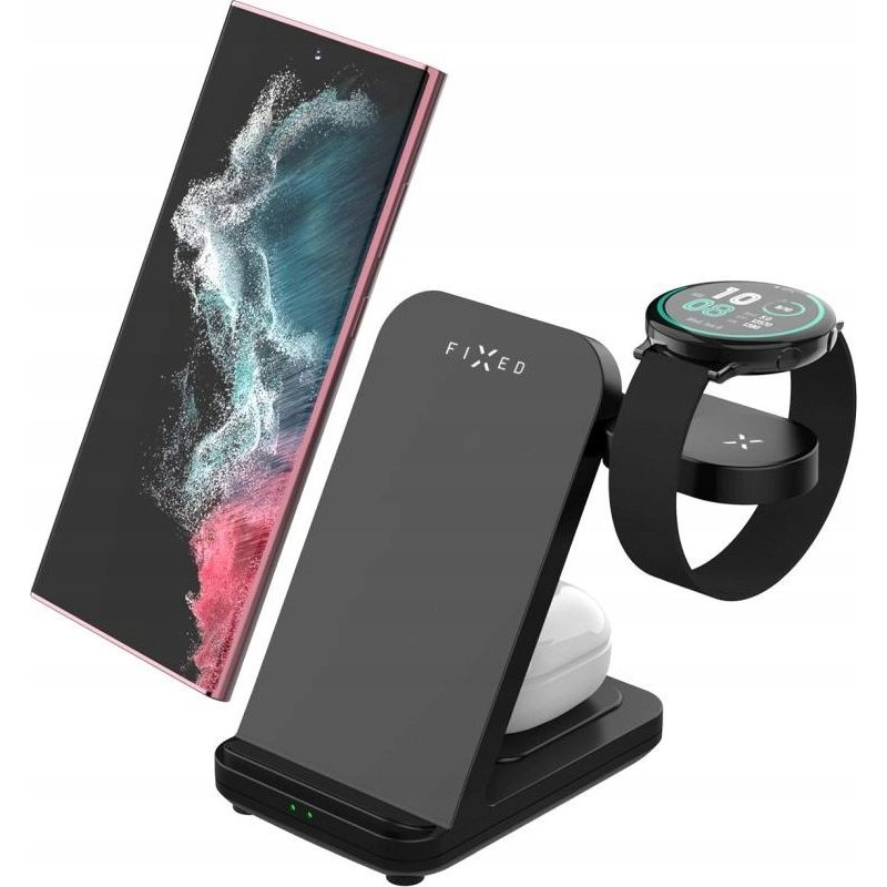 FIXED vezetéknélküli QI töltőállomás 3 eszköz egyidejű töltésére, Samsung Galaxy Watch-hoz is, fekete (FIXPOS-SA-BK)