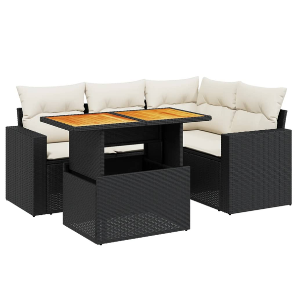 Set mobilier de grădină cu perne, 5 piese, negru, poliratan
