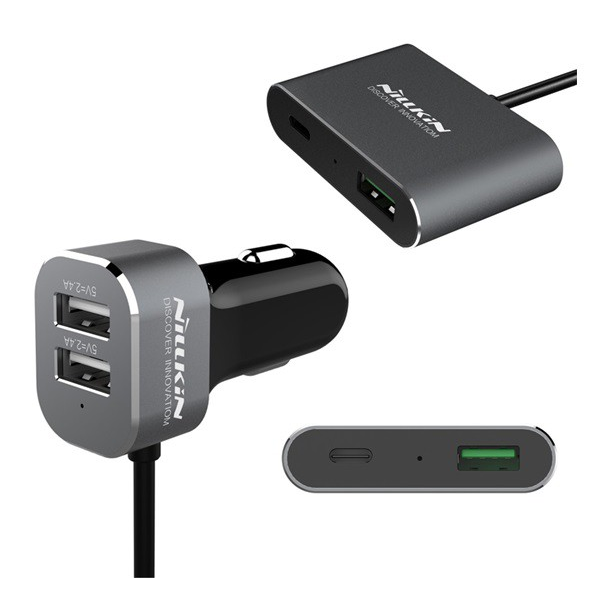 NILLKIN autós töltő 3 USB aljzat / Type-C aljzat (5V/2400mA, PD gyorstöltés támogatás) FEKETE