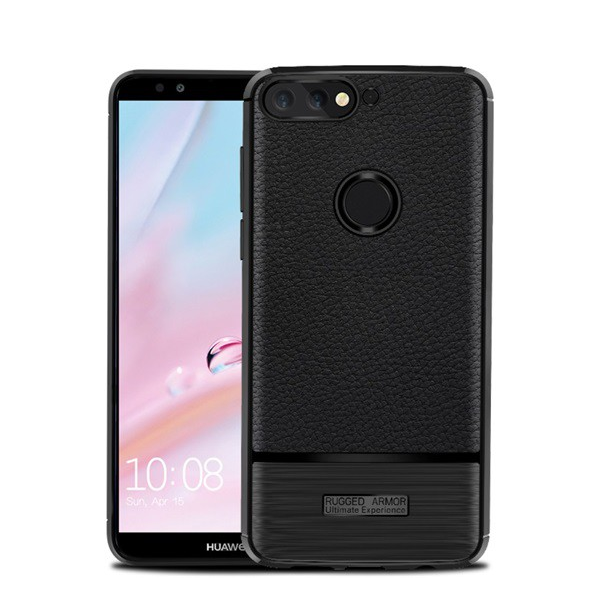 Szilikon telefonvédő (közepesen ütésálló, bőr hatású, szálcsiszolt) FEKETE [Huawei Y7 Prime 2018 (Y7 2018)] (5996457771332)