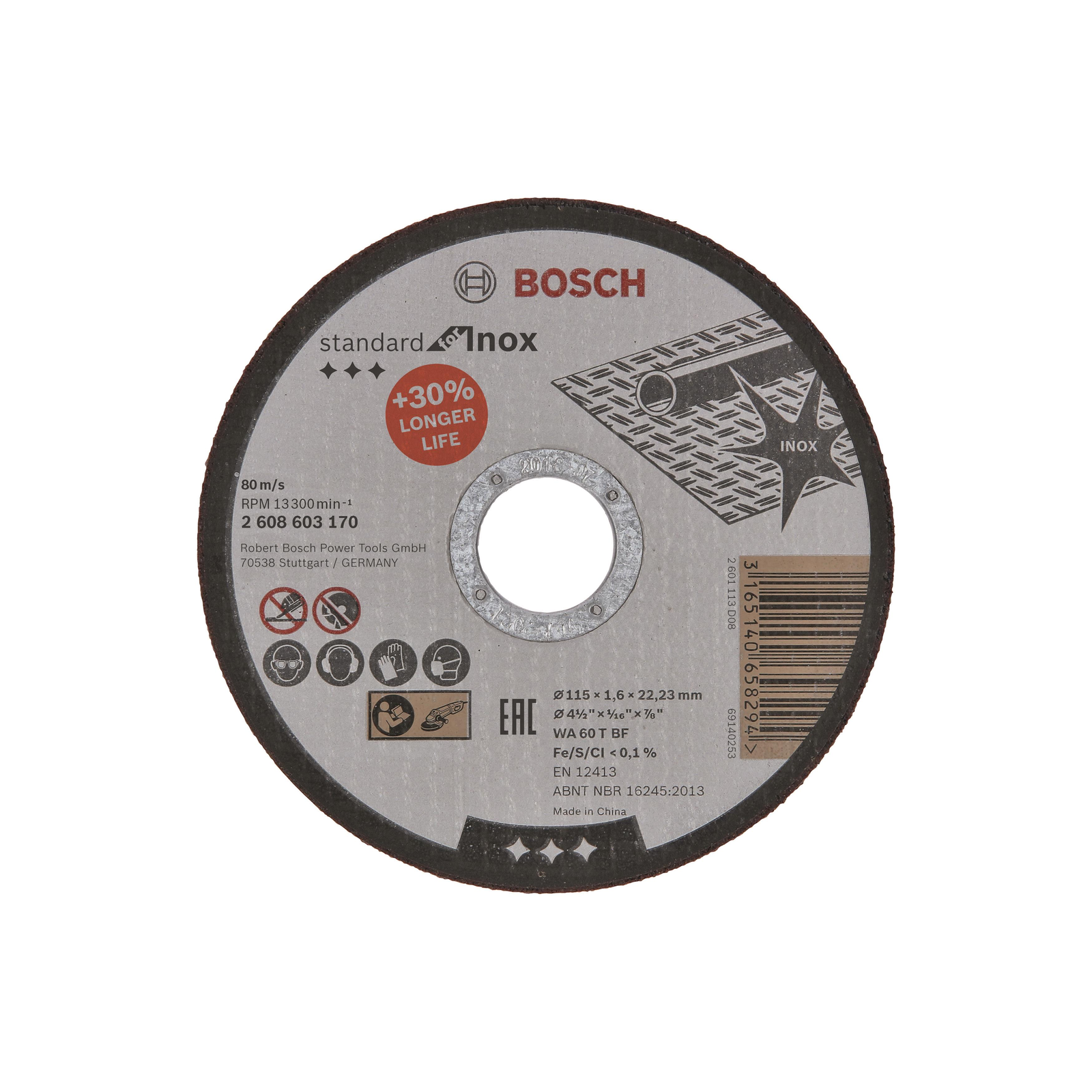 BOSCH 2608603170 Standard Inox WA 60 T BF egyenes vágótárcsa 115 mm, 22,23 mm, 1,6 mm (2.608.603.170)