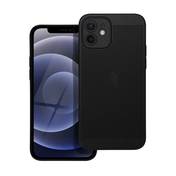 Apple iPhone 12, Műanyag hátlap védőtok, légáteresztő, lyukacsos minta, Breezy, fekete (RS142545)
