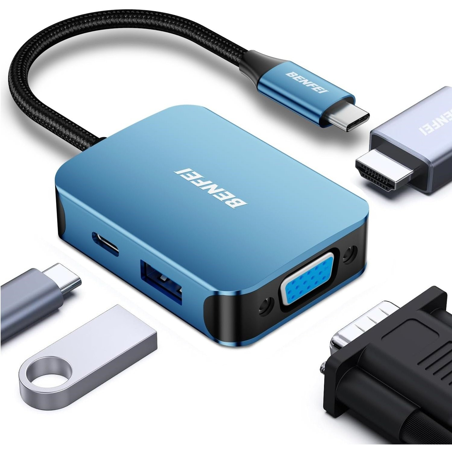 BENFEI USB-C HUB 4v1: HDMI, VGA, USB 3.0 a Power Delivery (modrý)