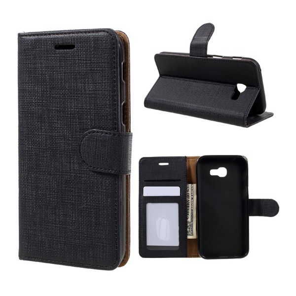 Tok álló, bőr hatású (FLIP, oldalra nyíló, asztali tartó funkció, textil hatás) FEKETE [Samsung Galaxy A3 (2017) SM-A320F] (5996457680368)