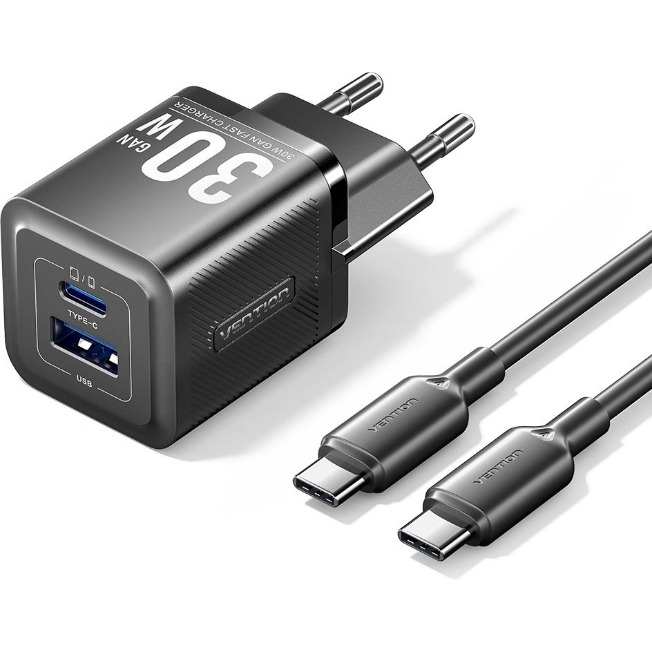 Vention 2-Port USB (C + A) GaN Charger (30W/30W) with USB-C to USB-C Cable (1M) EU-Plug Black (TZ-FEQB0-EU-01)