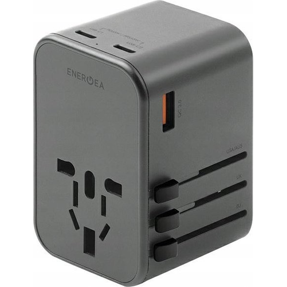 Energea Travelworld GaN65 4in1 1xUSB / 2xType-C utazó gyorsöltő adapter, (PD-PPS-QC 3.0) 65W, szürke (US/UA/EU/UK) ( )