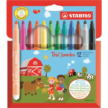 STABILO Trio Jumbo filtpen Sort, Blå, Brun, Grøn, Lys cyan, Lysegrøn, Orange, Fersken, Lyserød, Rød, Hvid, Gul 12 stk