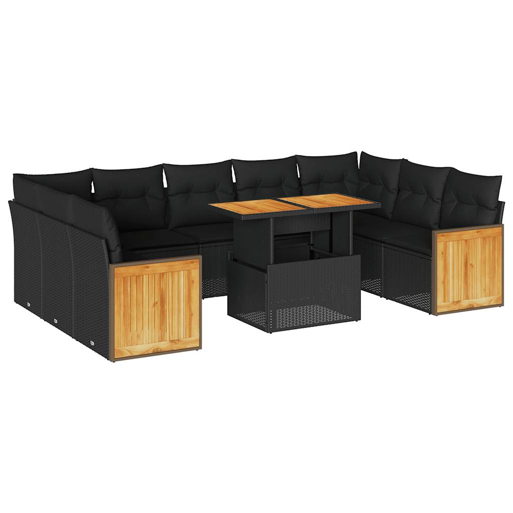 10 részes fekete polyrattan akácfa kerti ülőgarnitúra párnákkal (3327751)