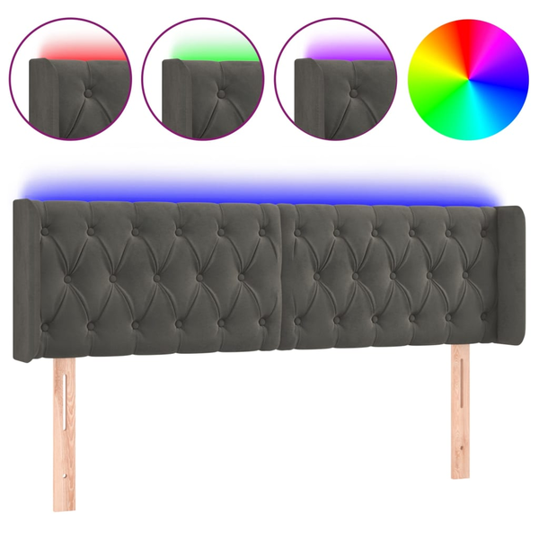 Tăblie de pat cu LED, gri închis, 163x16x78/88 cm, catifea