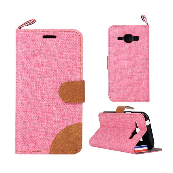 Tok álló, textil (FLIP, oldalra nyíló, asztali tartó funkció) RÓZSASZÍN [Samsung Galaxy J1 (SM-J100)] (5996457575558)