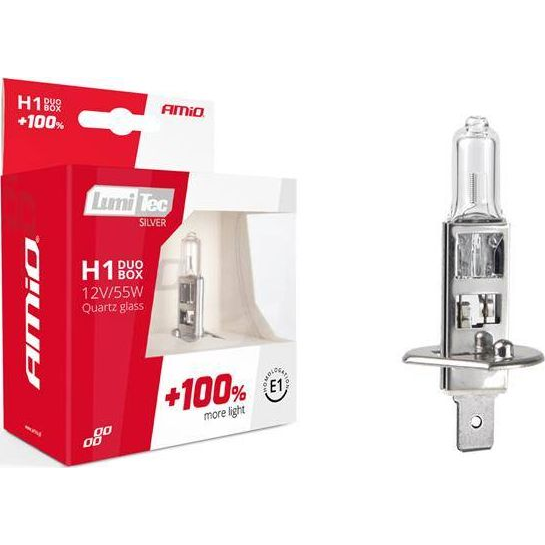  AMiO Zestaw żarówek halogenowych H1 12V 55W LumiTec SILVER +100% DUO BOX