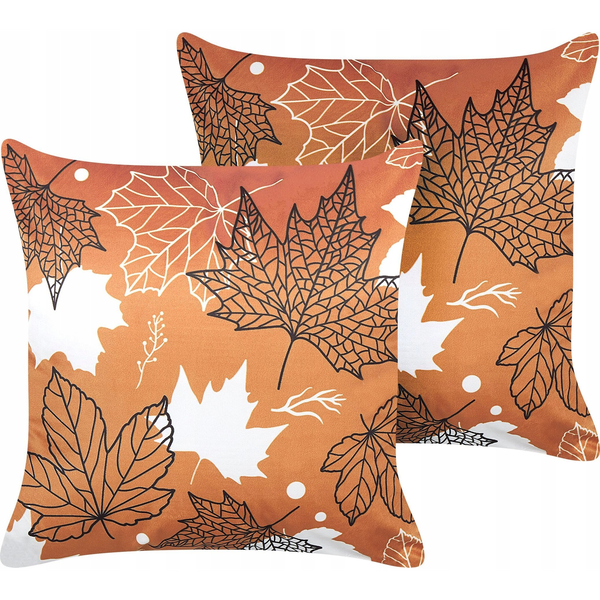 Conjunto De 2 Cojines De Terciopelo Naranja Blanco Negro 45 X 45 Cm Poinsettia - Naranja