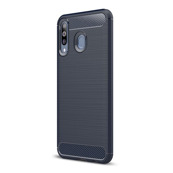 Samsung Galaxy M30 SM-M305F, TPU szilikon tok, közepesen ütésálló, szálcsiszolt, karbon minta, sötétkék