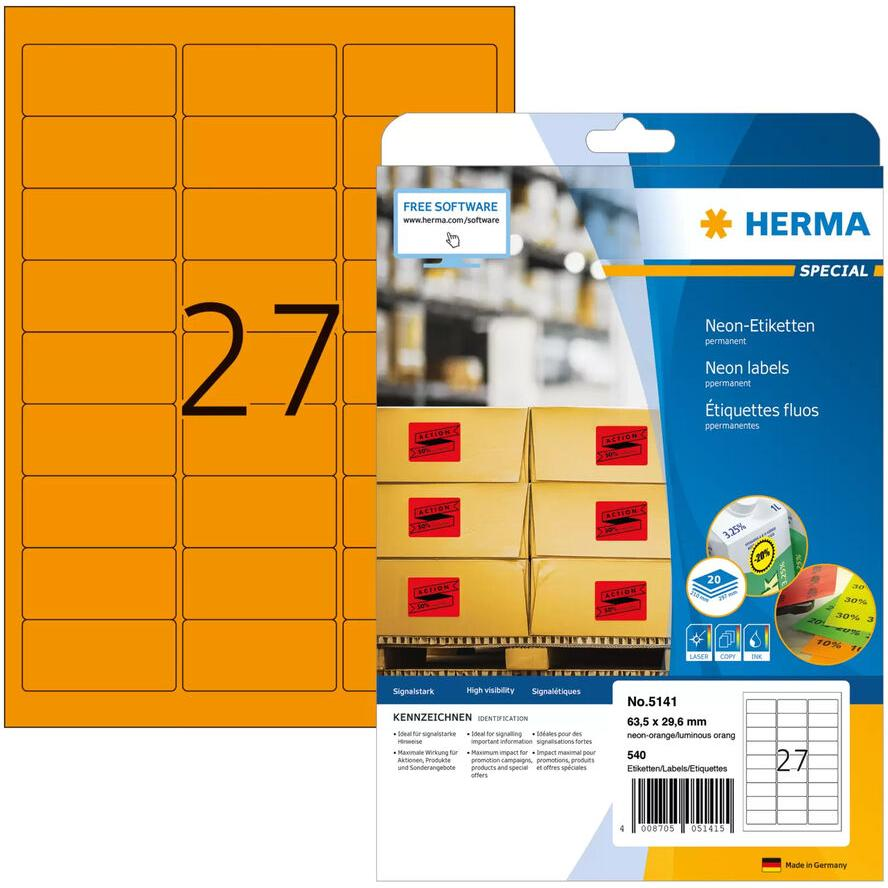 HERMA Etiketten A4 neon-orange 63,5x29,6 mm Papier 540 St. (5141)