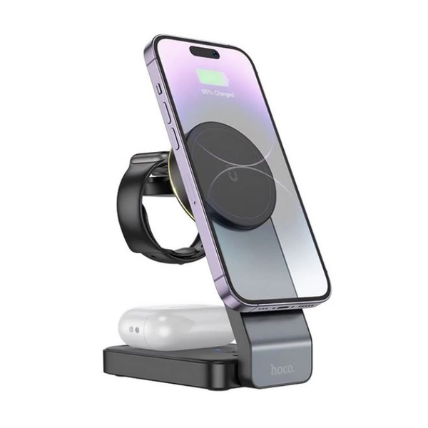 Hoco cq3 настолна стойка за зареждане 3в1 (15w, безжична, бързо зарядно, magsafe, зарядно за часовник за Apple) черен
