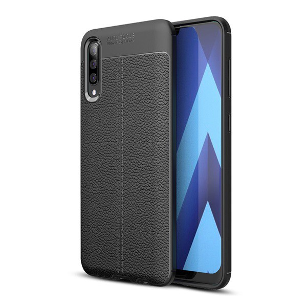 Szilikon telefonvédő (közepesen ütésálló, bőr hatású, varrás minta) FEKETE [Samsung Galaxy A50s (SM-A507F)] (5996457865994)