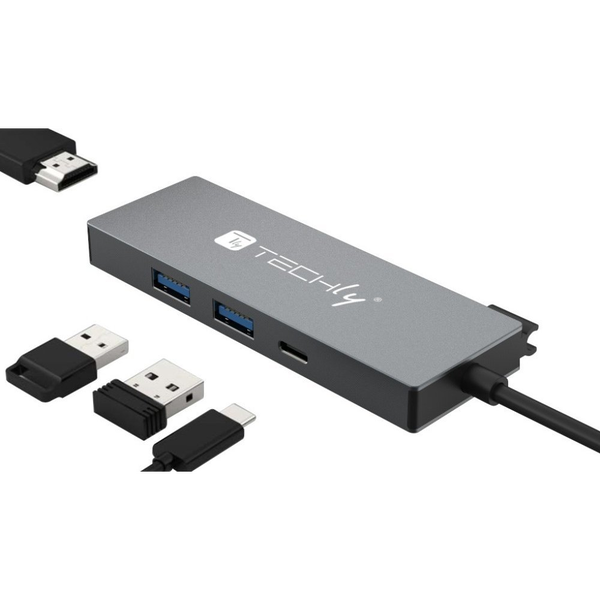 Techly IUSB32C-HUB4HPD dockingstation Ledningsført USB 3.2 Gen 2 (3.1 Gen 2) Type-C Grå