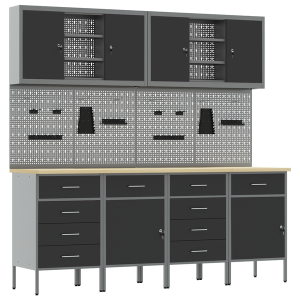 10 db-os munkakabinet és pegboard szett fekete MDF-ből és fémből