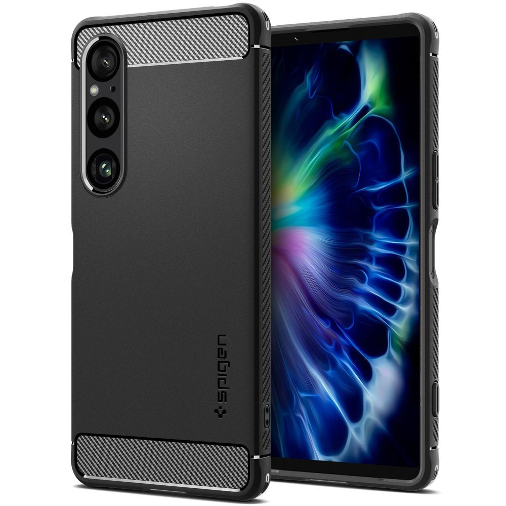 Sony Xperia 1 VI, Szilikon tok, Spigen Rugged Armor, karbon minta, fekete (RS158227)