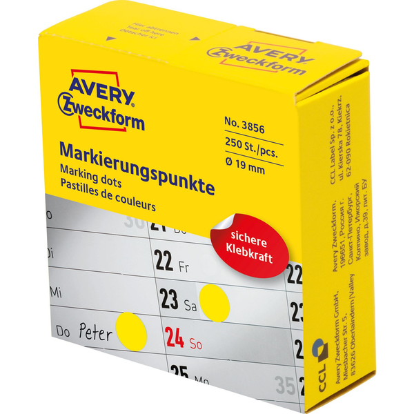  Avery Zweckform Kółka do zaznaczania w dyspenserze Avery Zweckform, 250 szt./rolka, O19 mm, żółte, ŻÓŁTY