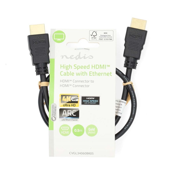 Nedis CVGL34060BK05 ultra HD HDMI kábel, HDMI dugó - dugó, 4K@60Hz, ARC, 18 Gbps, aranyozott csatlakozók, hossz 0,5m (CVGL34060BK05)