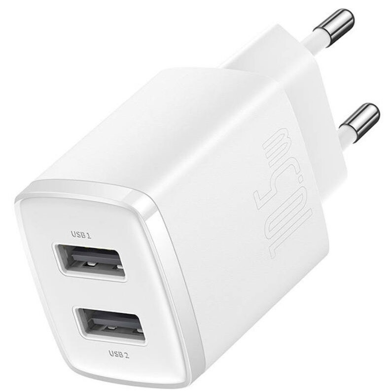 Hálózati töltő adapter, 10.5W, 2 x USB aljzat, gyorstöltés, Baseus Compact, fehér (RS124889)