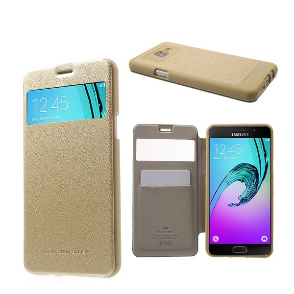 MERCURY Wow Bumper tok álló, bőr hatású (FLIP, oldalra nyíló, S-View cover, textil minta) ARANY [Samsung Galaxy A5 (2016) SM-A510F] (5996457637423)