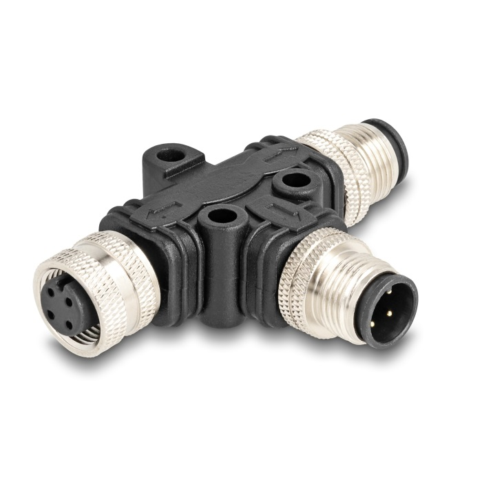 Delock M12 T-megosztó A-kódolt 4 tűs 1 x apa - 1 db. apa és 1 db. hüvely párhuzamos kapcsolással (60580) (60580)