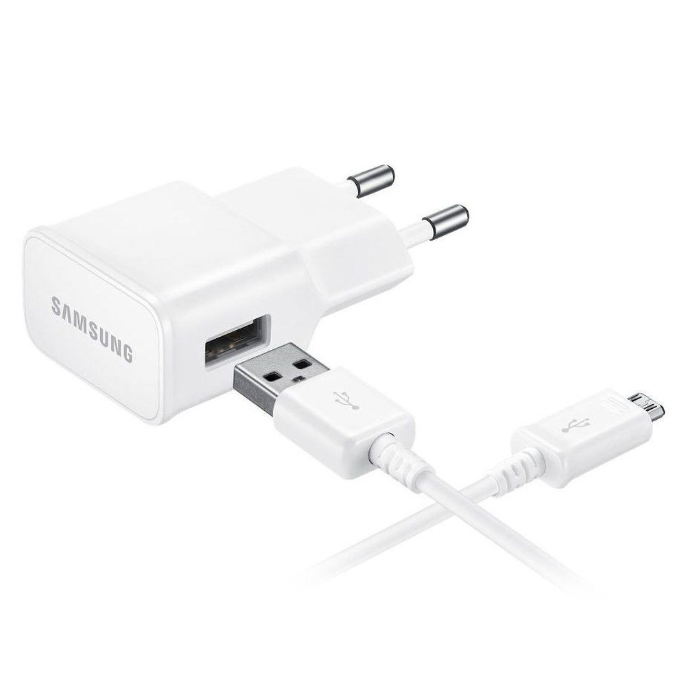 Hálózati töltő adapter, 5V / 1550mA, USB aljzat, microUSB kábellel, Samsung, fehér, gyári (RS73114)
