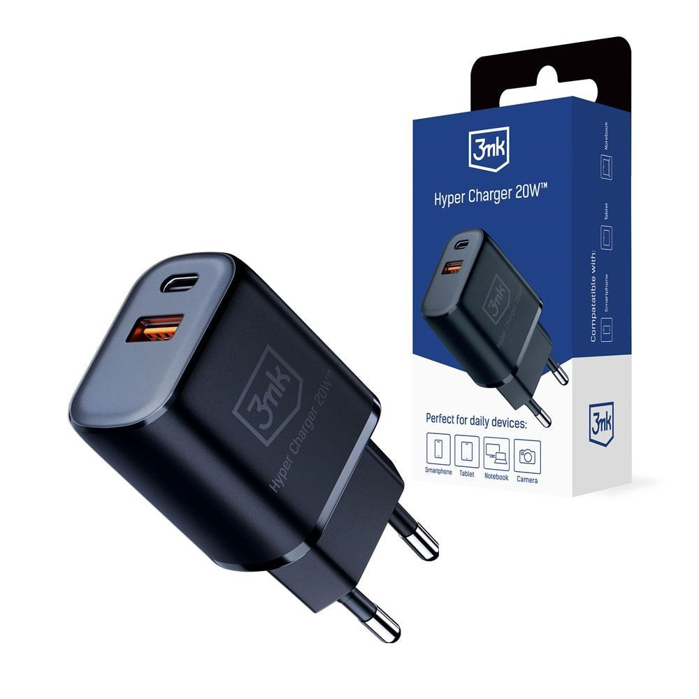 3mk Hyper Charger USB Type-A / USB Type-C Hálózati töltő - Fekete (20W) (5903108541251)