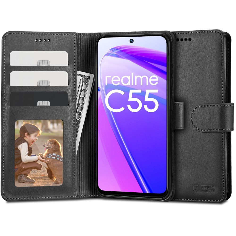 Realme C55, Oldalra nyíló tok, stand, mágnes csattal, TP Wallett, fekete (5906302360437)