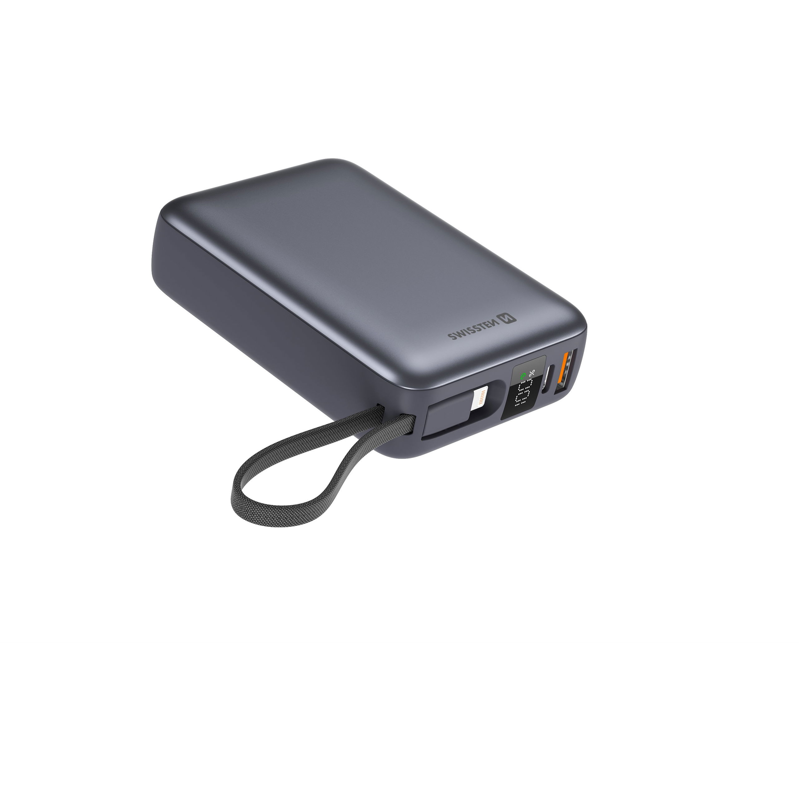 Swissten 20000 mAh Power Bank integrált USB-C és Lightning kábelekkel, ezüstszürke (22013945)