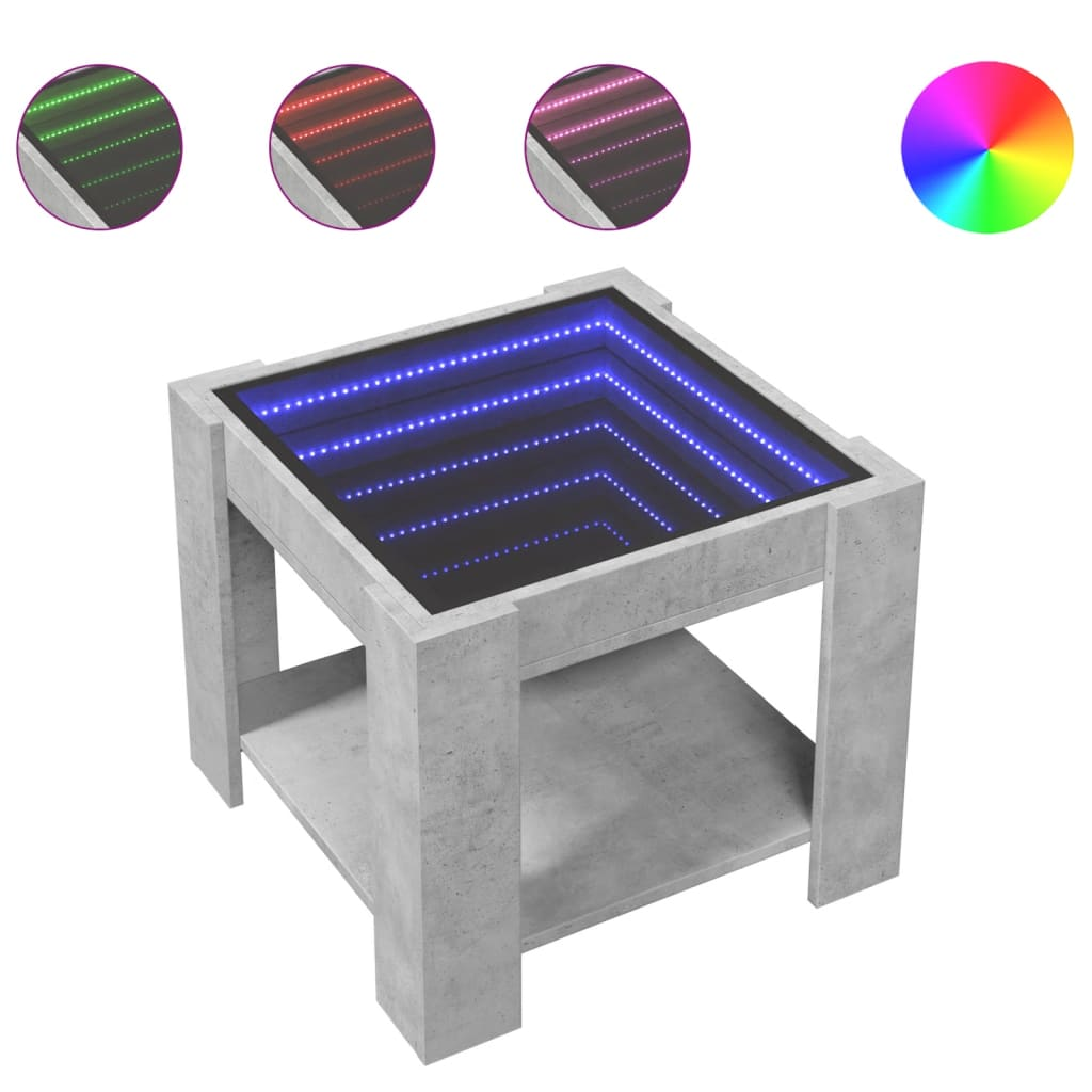 betonszürke szerelt fa dohányzóasztal LED-del 53 x 53 x 45 cm (847542)