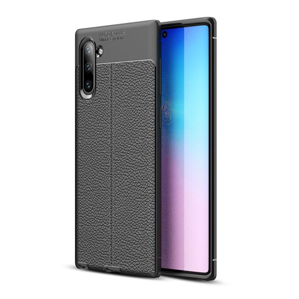 Szilikon telefonvédő (közepesen ütésálló, bőr hatású, varrás minta) FEKETE [Samsung Galaxy Note 10 (SM-N970F)] (5996457901401)