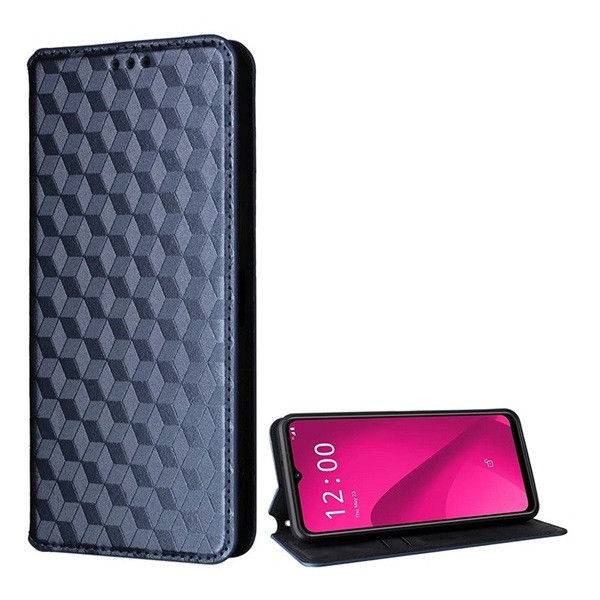 ZTE Blade V50 Design, Oldalra nyíló tok, bőrhatású, stand, Teljes 3D rombusz minta, prémium, sötétkék