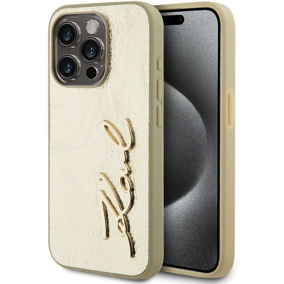Karl Lagerfeld Wrinkled Signature Logo iPhone 15 Pro Max aranyszín PU tok (KLHCP15XPFMFBKMD)