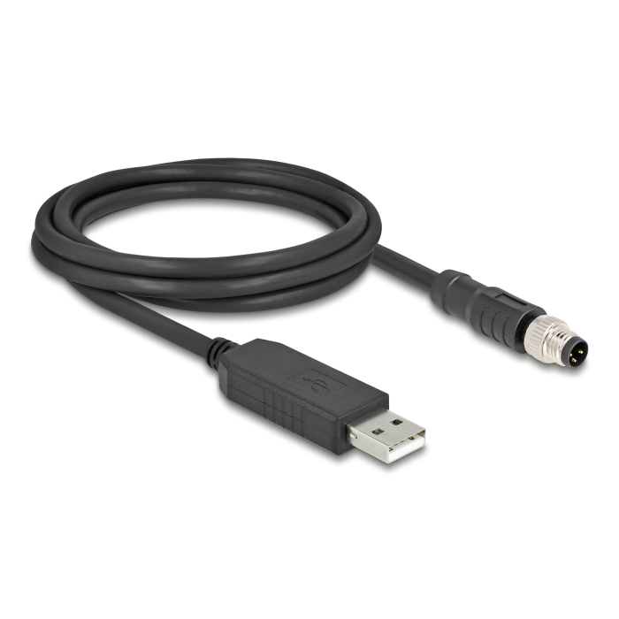 Delock M8 Soros csatlakozású kábel FTDI chip készlettel, A-típusú USB 2.0 apa - M8 RS-232 apa A-kódolású 3 tűs 1,8 m fekete (64258) (64258)