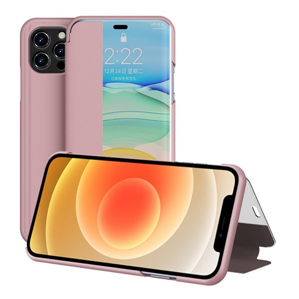 Tok álló, bőr hatású (FLIP, oldalra nyíló, asztali tartó funkció, hívószámkijelzés, View Window) RÓZSASZÍN [Apple iPhone 12 Pro] (5996591013640)