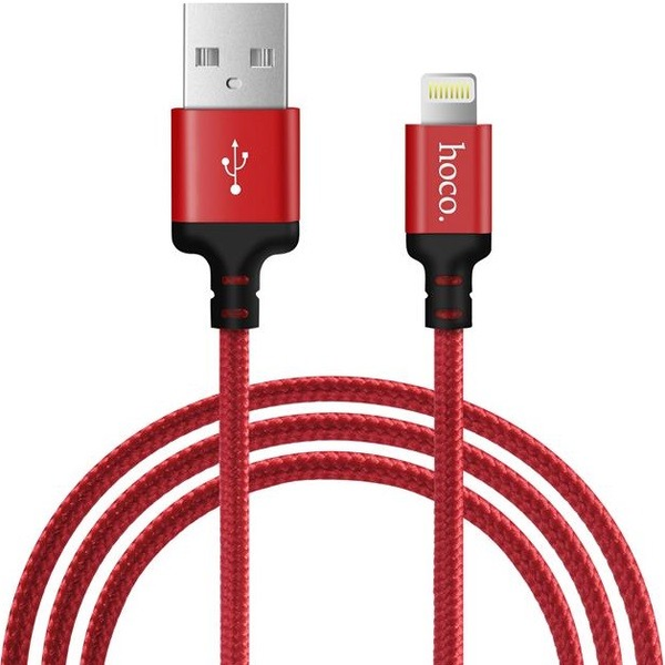 USB кабел за зареждане и данни, Lightning, 100 cm, 2400 mA, със защита срещу счупване, бързо зареждане, модел на връзка за обувки, Hoco X14 Time Speed, червен (RS92507)