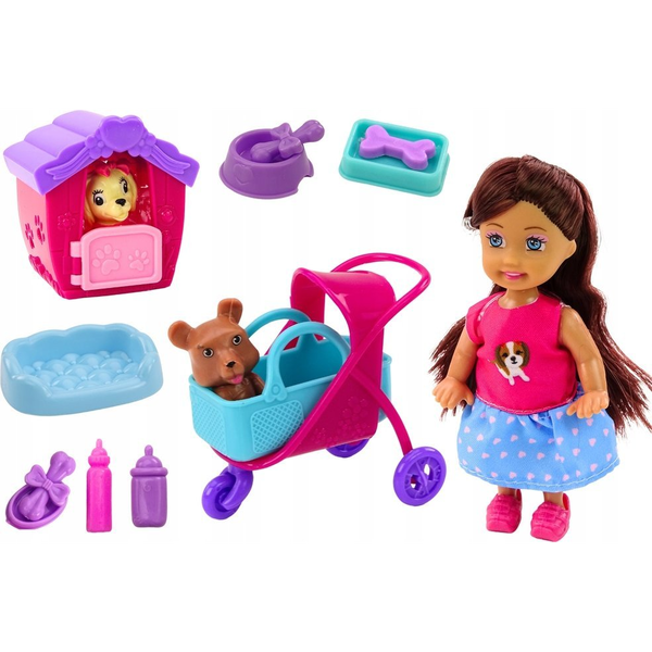 Doll With Dogs Dog Doll Kennel Kiegészítők Pink Puppy 16 db 18191