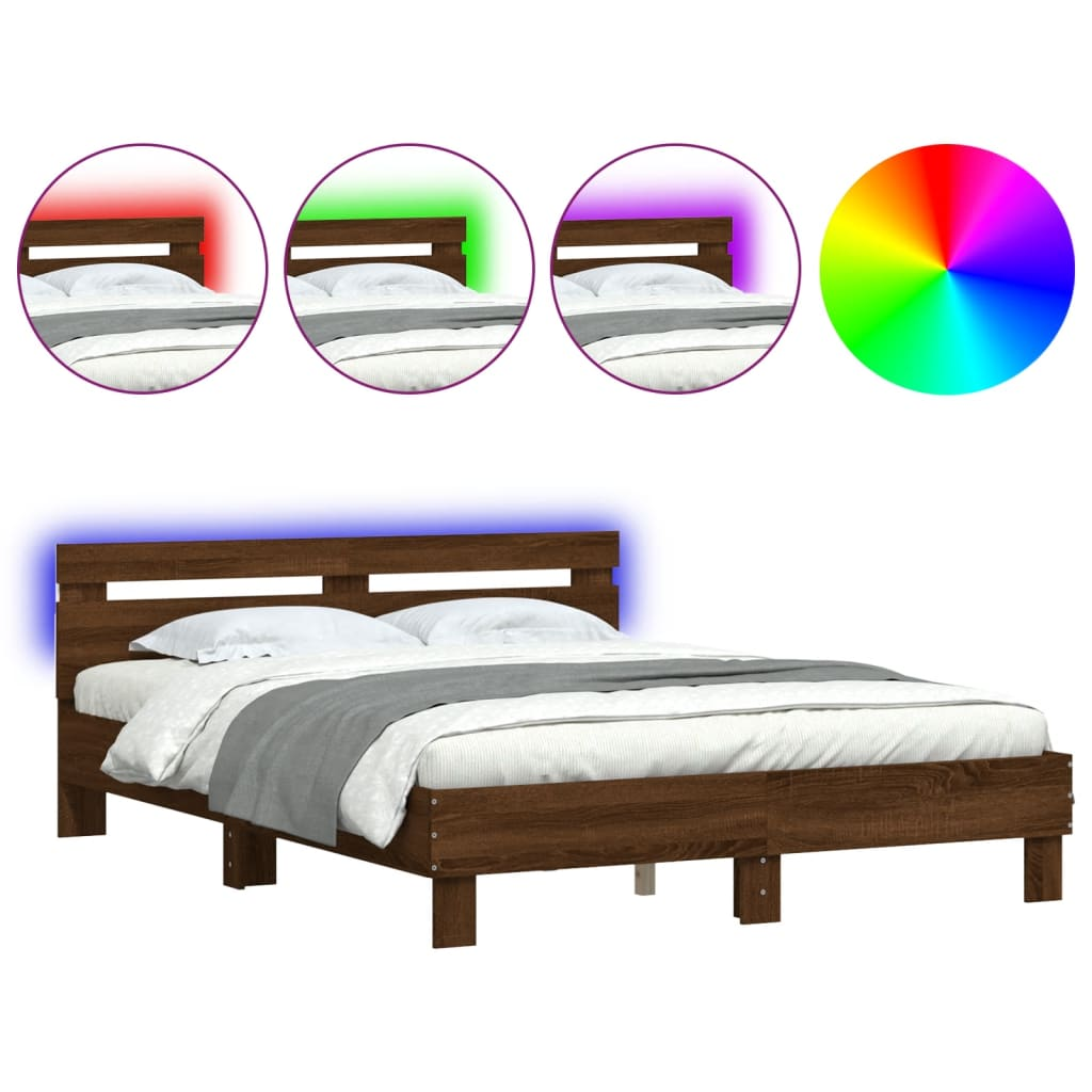 barna tölgy színű ágykeret fejtámlával és LED-del 140x190 cm (3207566)