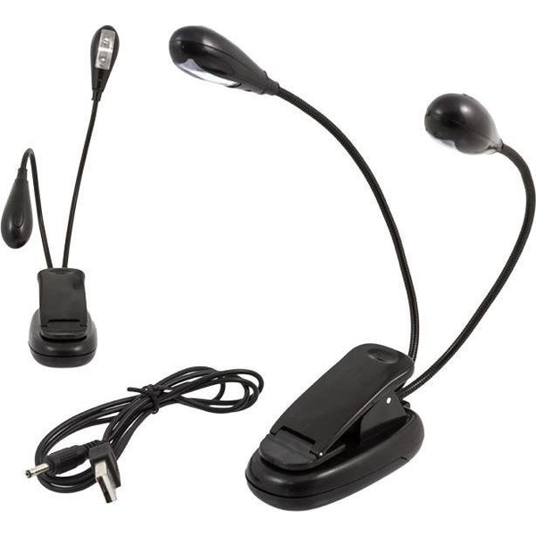 Лампа LED Palmonix, Безжична, Двойна, За маса или бюро, С щипка, 4 LED диода, USB или батерия, Черен, 23 см