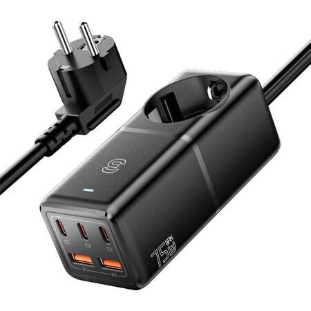 Мрежово зарядно, Essager, 3xUSB-C, 2xUSB-A, 75W, черно, 155x48x43mm