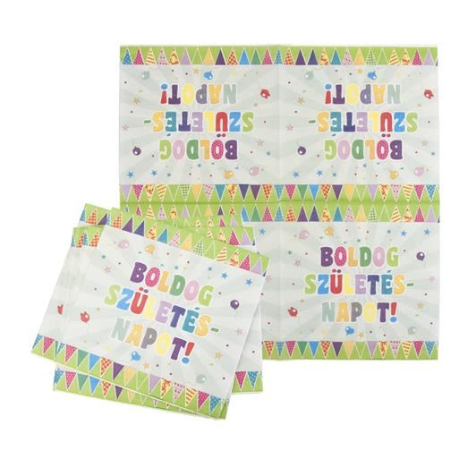 Szalvéta "Boldog Születésnapot" 33x33cm zászló minta (SRFUN044)