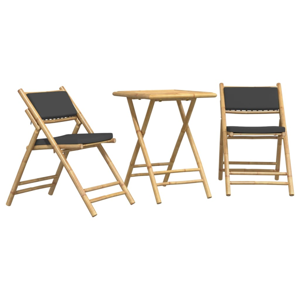 Set de bistro pliabil, 3 piese, cu perne gri închis, bambus