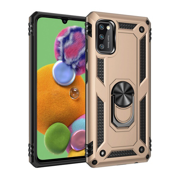 Defender műanyag telefonvédő (közepesen ütésálló, szilikon belső, telefontartó gyűrű, beépített fémlemez) ARANY [Samsung Galaxy A41 (SM-A415F)] (5996457956234)